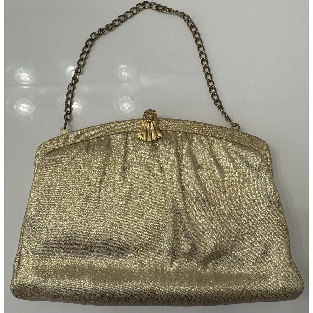 Vintage Gold Clasp Closure Handbag Metallic 8x5.5 Attached Chain Handle - Picture 4 of 6